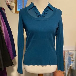 WORTHINGTON vintage green-blue sweater with sheer ruffle collar. Buttons work.